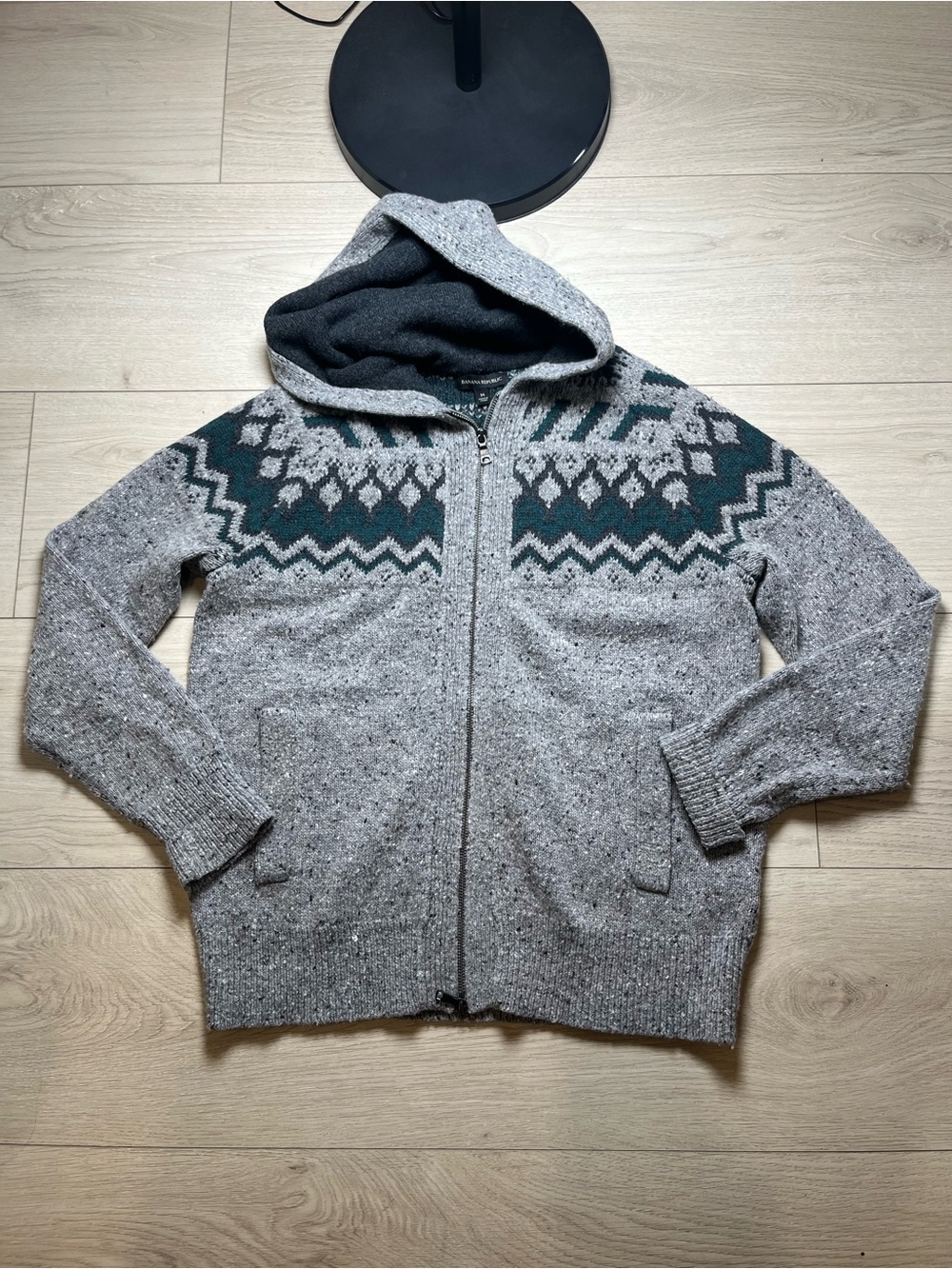 Banana Republic Size M Gray & Green Wool Blend Full Zip Knit Hood Sweater Jacket